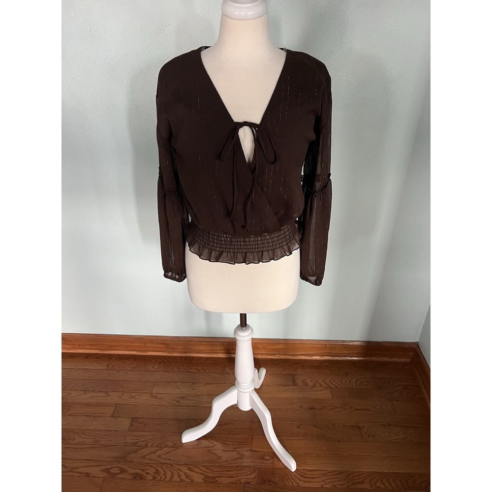 Peach Love California Zara Pleated Bow Closure Blouse Shimmer Accent Ruffle Sz S